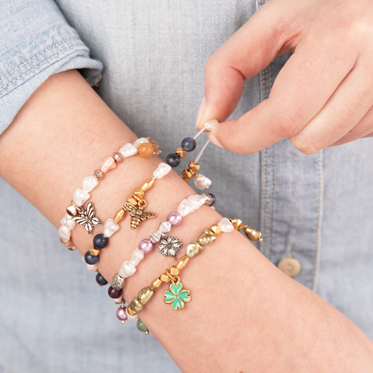 Four Leaf Clover Beaded Stretch Charm Bracelet